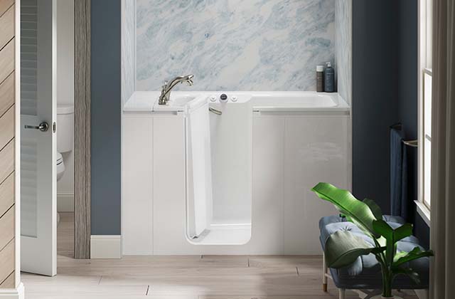 bath in bluette room with door open