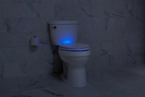 A toilet with a blue backlight illuminating the bowl of the toilet with a vertical toilet paper holder to the left of the toilet and marble tiles on the floor and wall surrounding the toilet.
