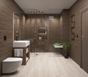 Neutral dark brown bathroom with walk-in shower.