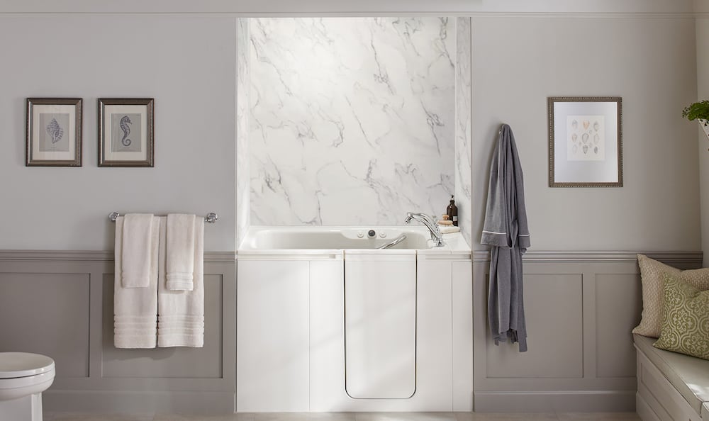 Kohler Walk-In Bath with CrossCut Dune bath walls