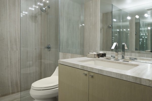Neutral-toned bathroom with vanity.