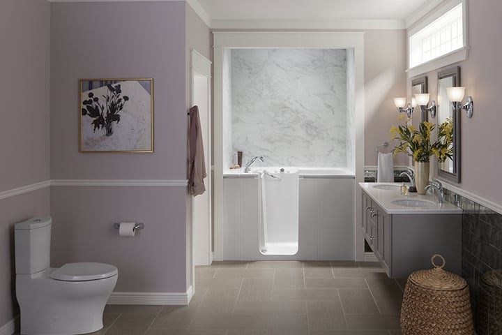 Walk-in bathtub in purple bathroom