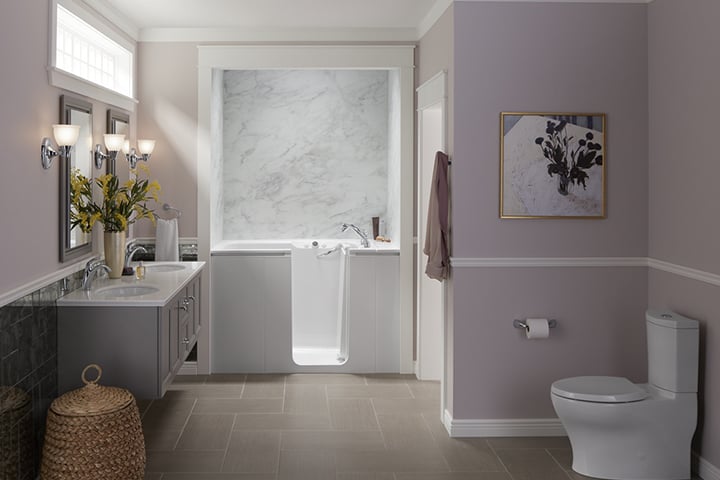 Walk-in bathtub in purple bathroom