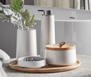 Lazy Susan with soap dispensers and a small plant next to a bathtub