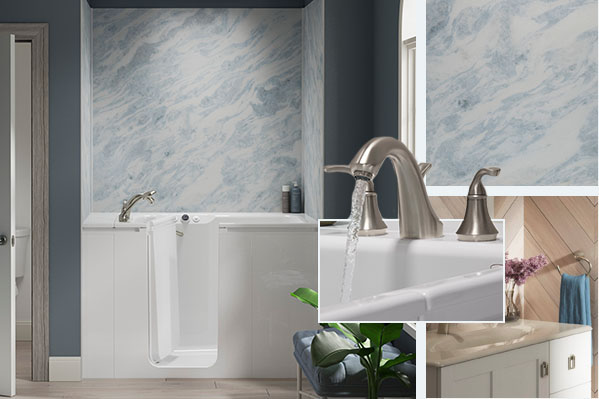 Collage of Walk-In Bath features, including Bluette bath walls, Chrome faucet