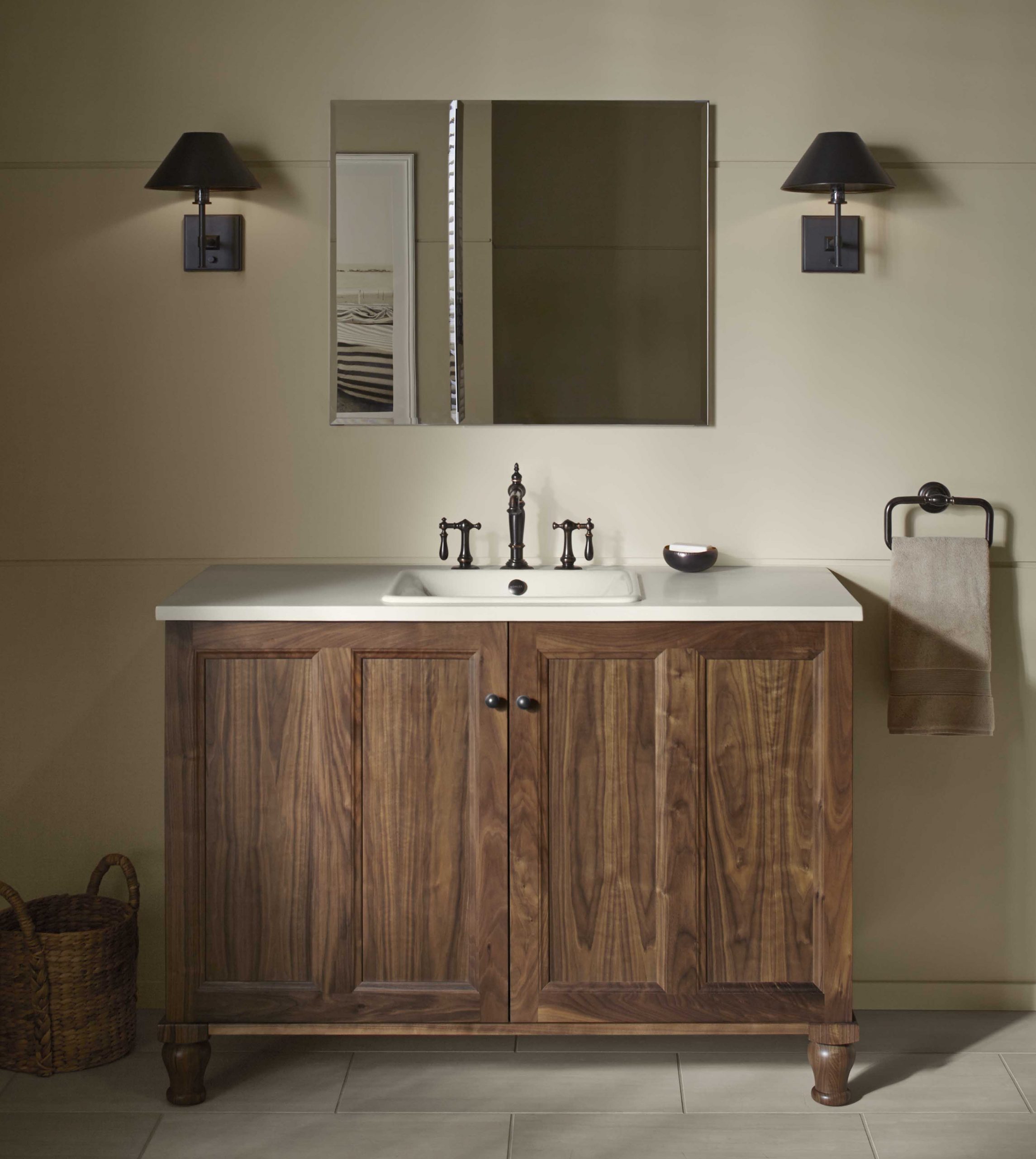 Mid-Century Modern style bathroom with wood vanity