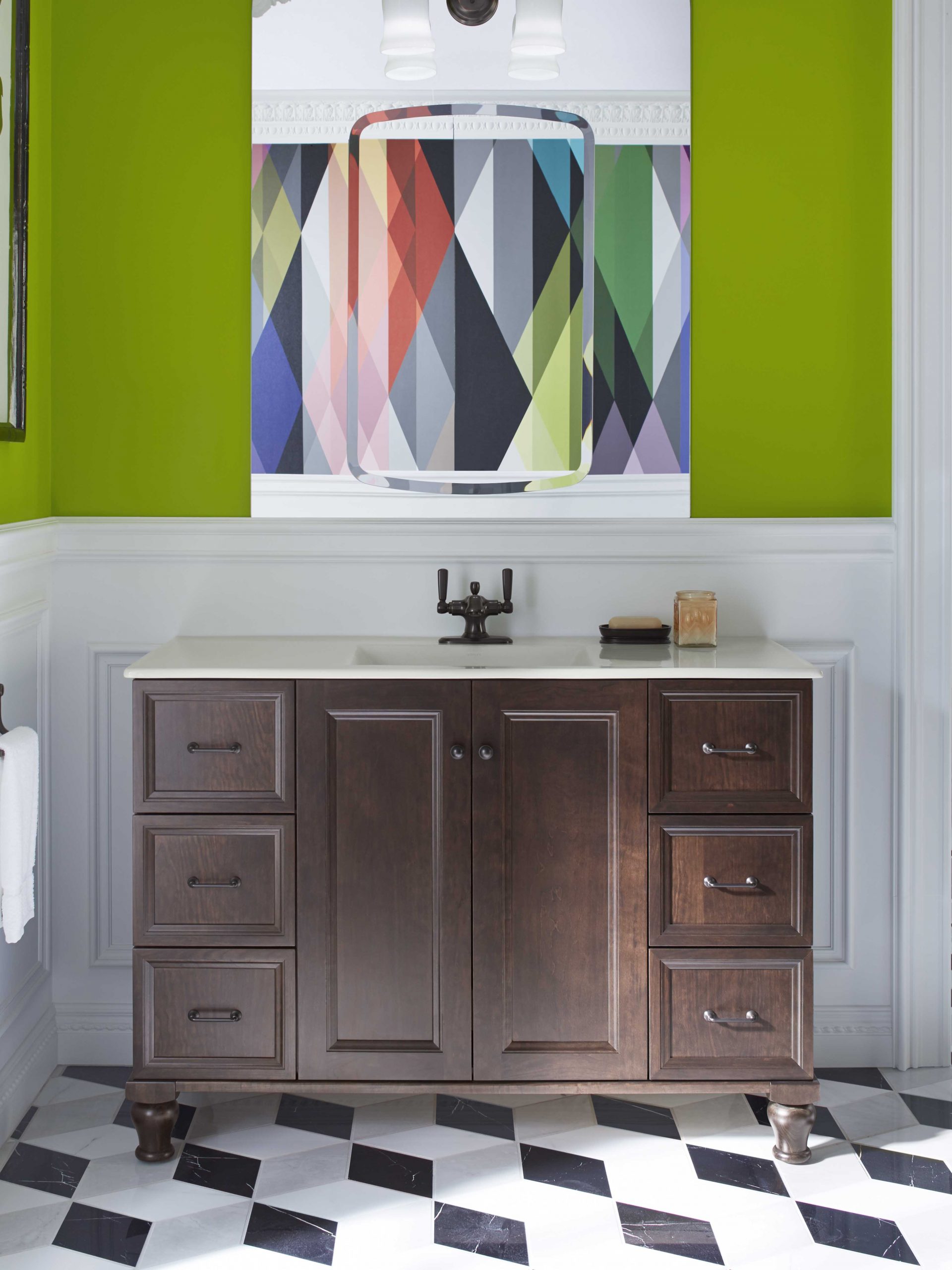 Pop Art style bathroom with olive green walls and black and white diamond floor tiles