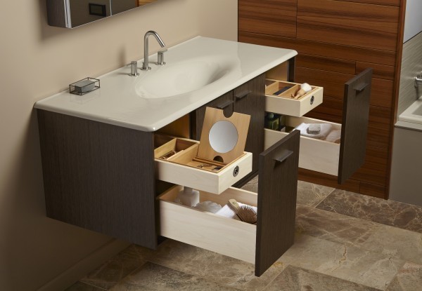 vanity with different size drawers opened