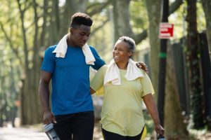 man and woman walking