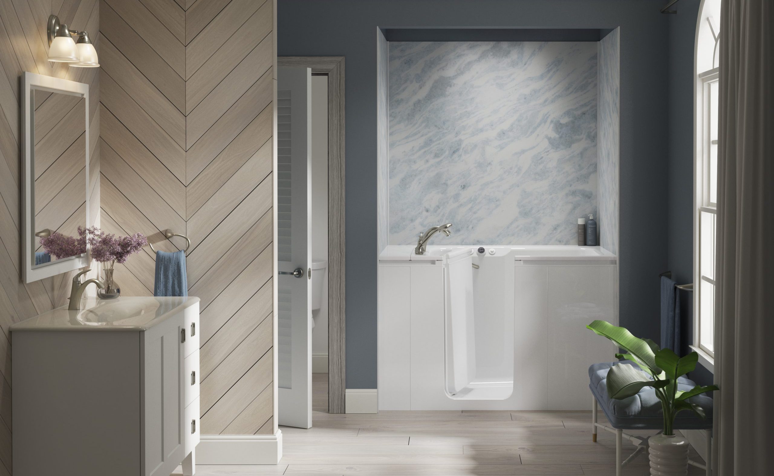 KOHLER Walk-In Bath with KOHLER LuxStone® bath walls in Bluette