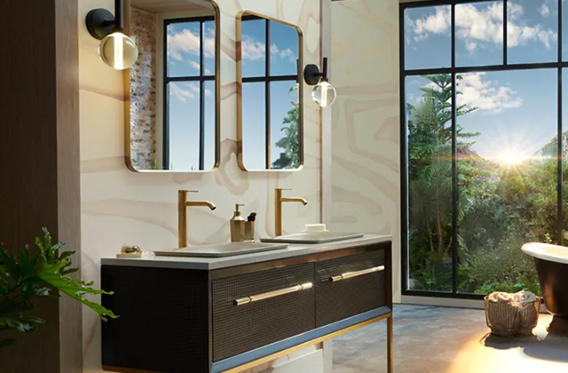 modern bathroom with black sinks and gold fixtures