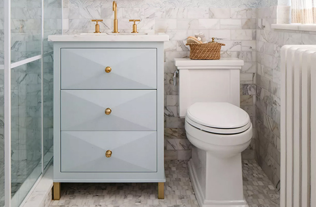 light gray sink and toilet with gold fixtures