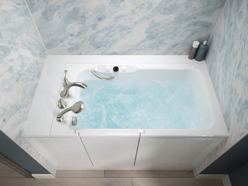 bath top view with bluette walls